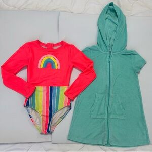 Cat & Jack Neon Orange Rainbow Rashguard Swimsuit, long sleeved, bonus cover up